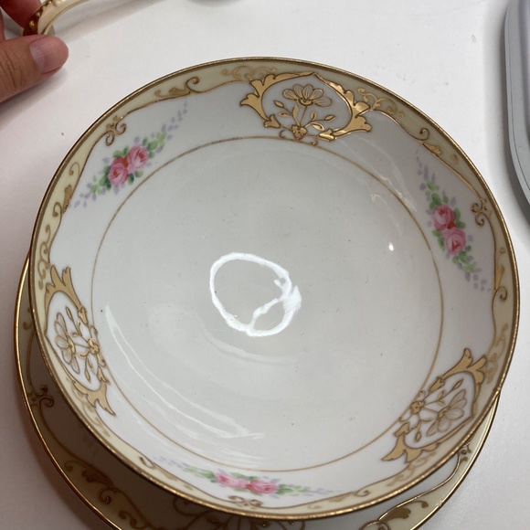 Gold & Floral Hand Painted Mayo Bowl Saucer Ladle Set 3 Piece Nippon M in Wreath - Picture 6 of 13